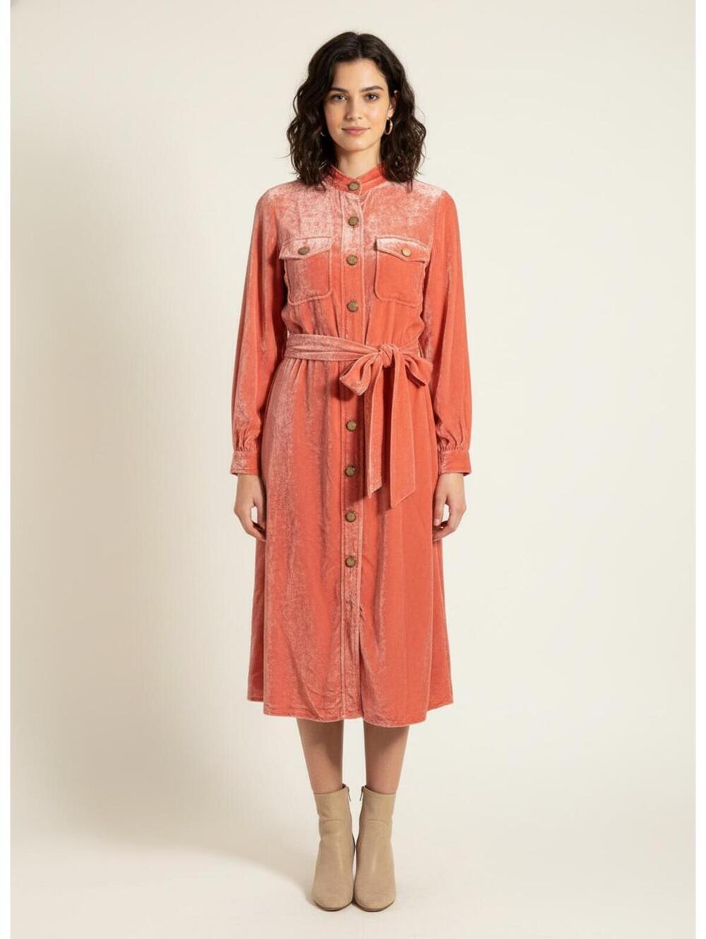 Saks Fifth Avenue Vintage Coral /Pink Crushed Velvet Button-Up Dress Small